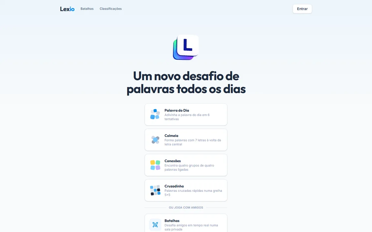 Página inicial do Lexio com os quatro jogos diários e as batalhas