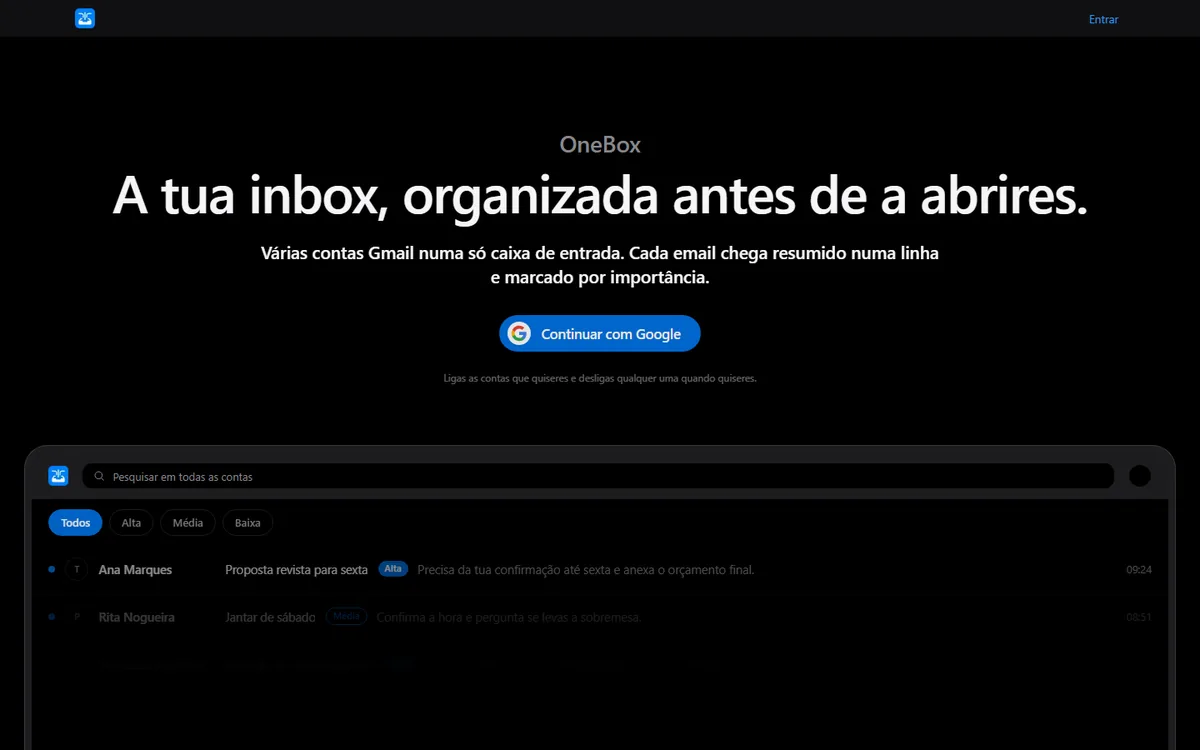 Página inicial do OneBox com a pré-visualização da inbox unificada