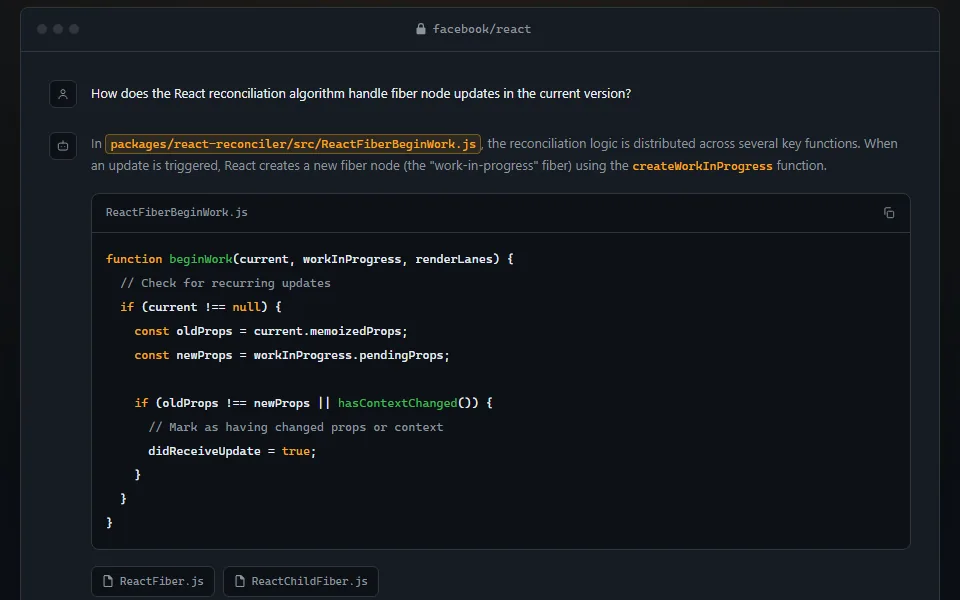Resposta sobre o repositório facebook/react com um excerto de código e os ficheiros citados